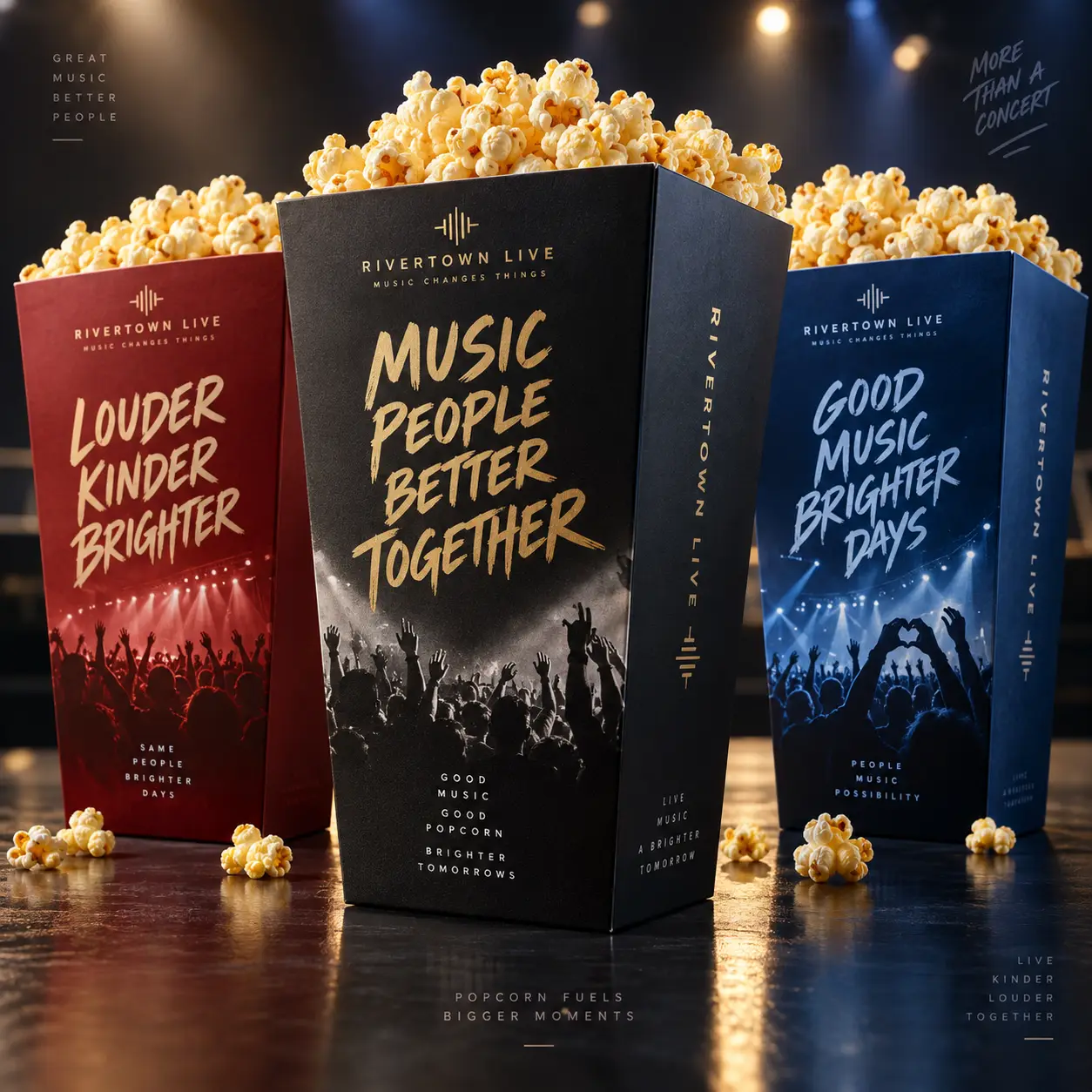 Three Rivertown Live branded popcorn boxes in black, red, and navy blue overflowing with golden popcorn on a concert stage backdrop