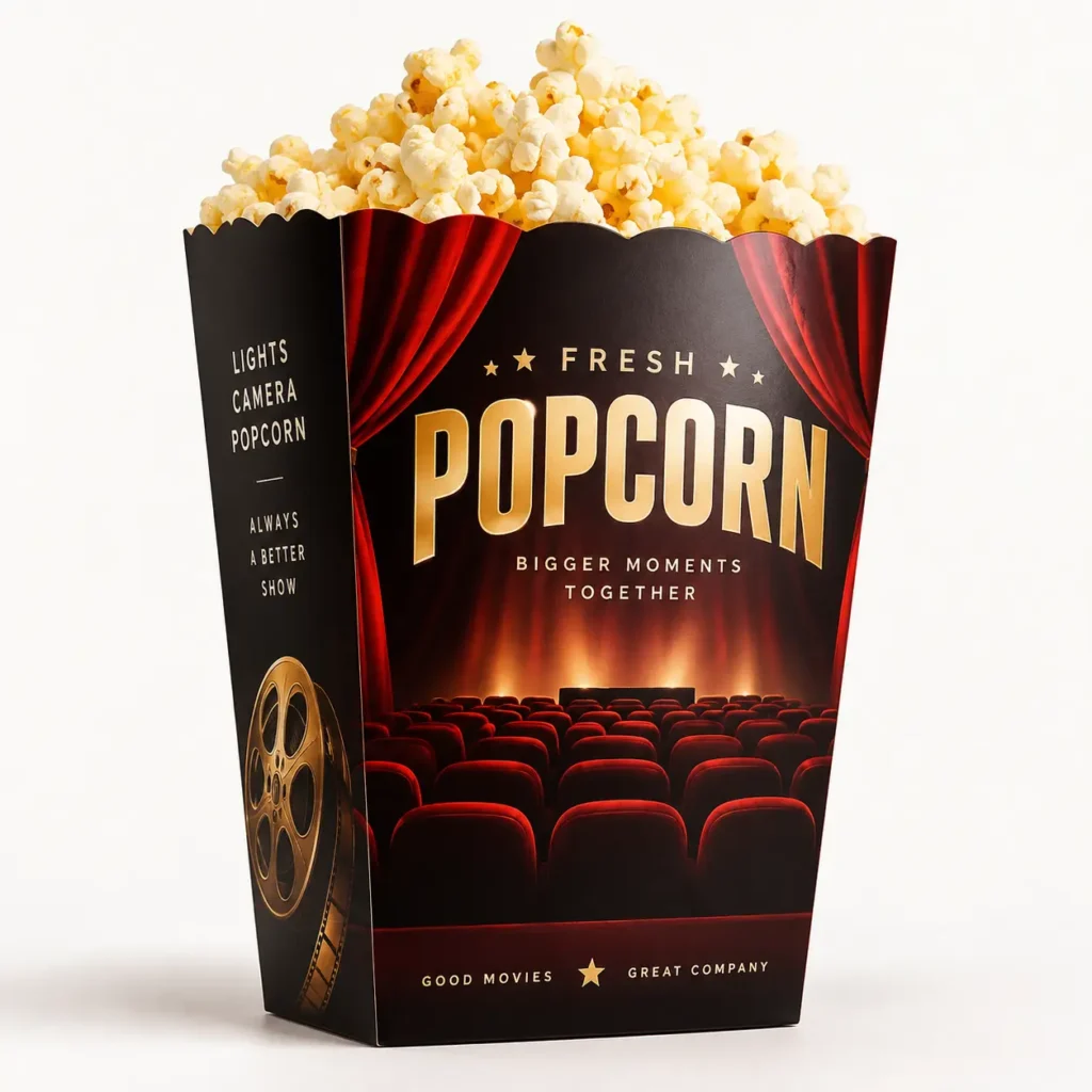 Black cinema-themed popcorn box with gold Fresh Popcorn text, red theater curtains, filled with golden buttered popcorn