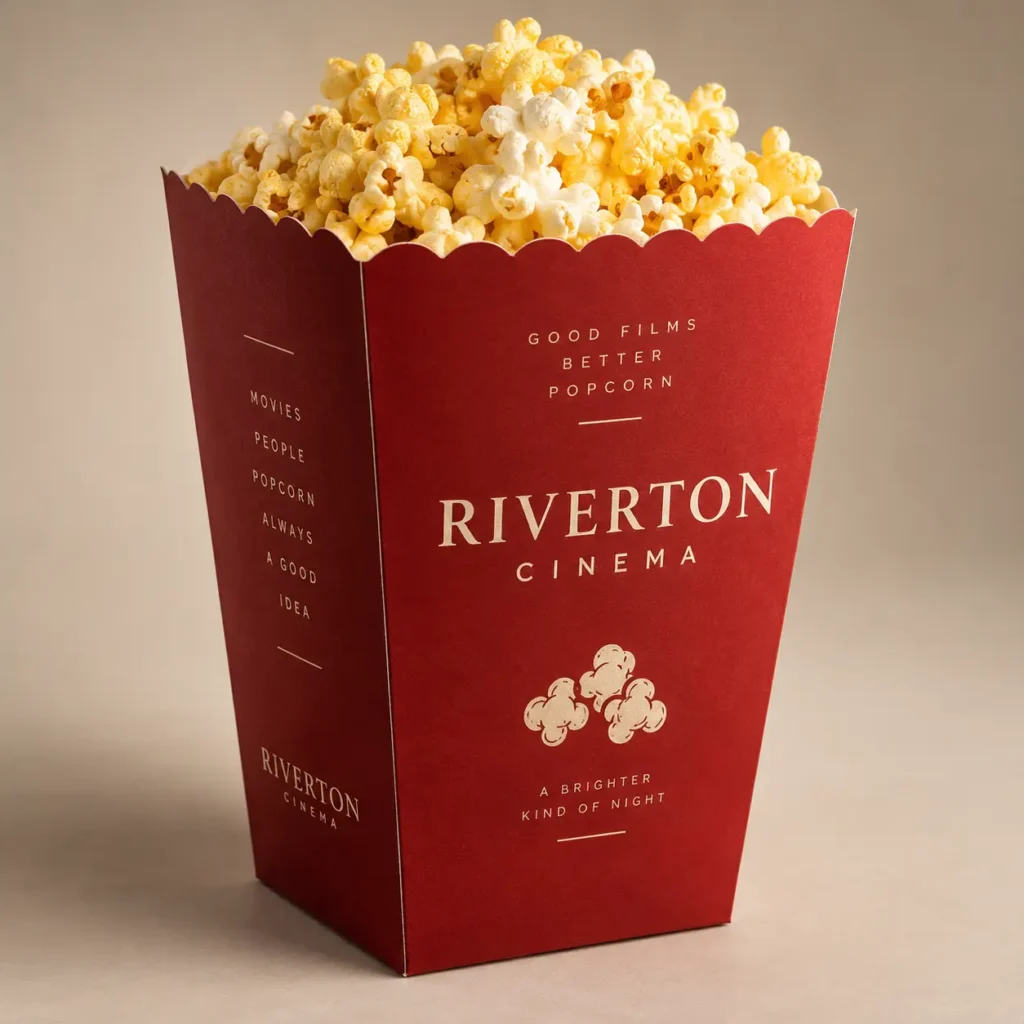 Red Riverton Cinema popcorn box packaging filled with buttery popcorn, elegant cream typography, scalloped edge, premium cinema branding design