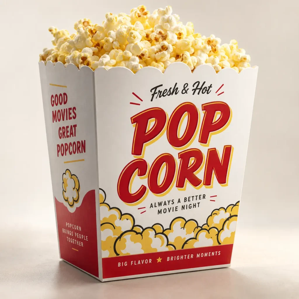 Classic red and white popcorn box overflowing with fresh buttered popcorn, retro movie night custom food packaging design