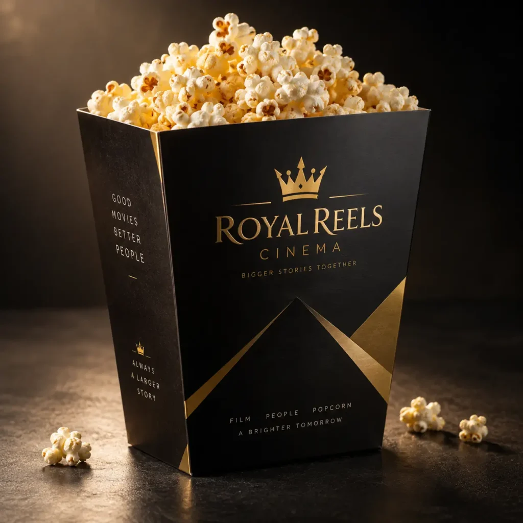 Luxury black gold Royal Reels Cinema popcorn box overflowing with fresh popcorn, elegant premium packaging design on dark background
