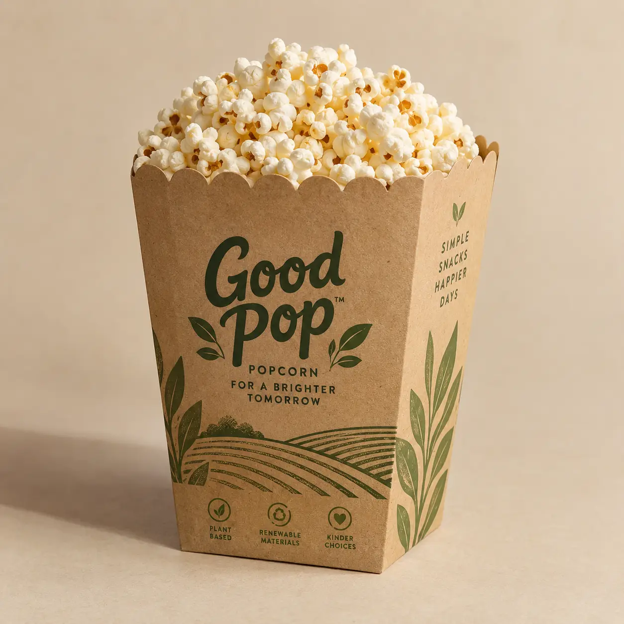 GoodPop kraft brown popcorn box packaging with green eco-friendly branding, filled with fresh white popcorn, sustainable design