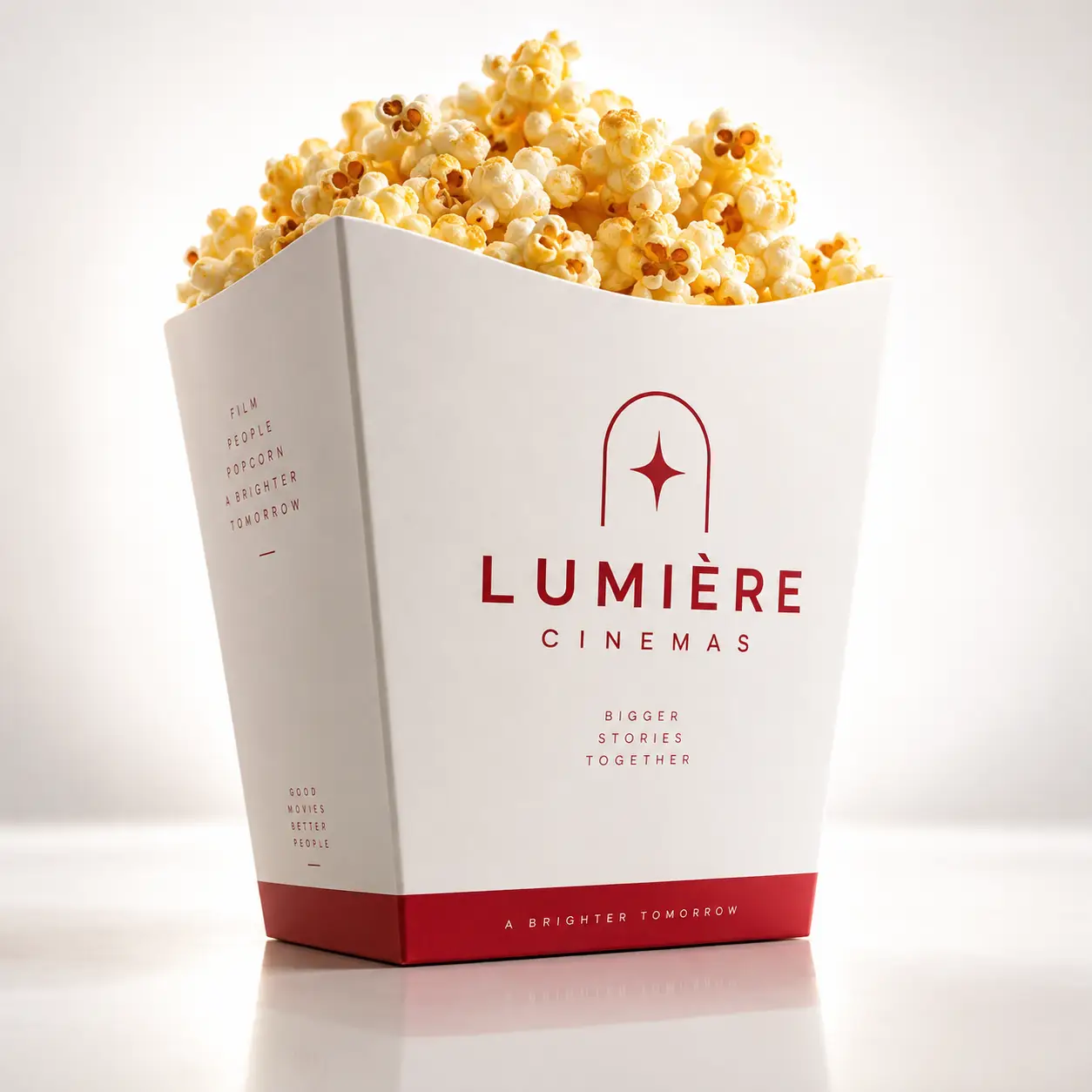 Lumière Cinemas white red popcorn box packaging design with star logo, overflowing buttered popcorn, minimalist branding