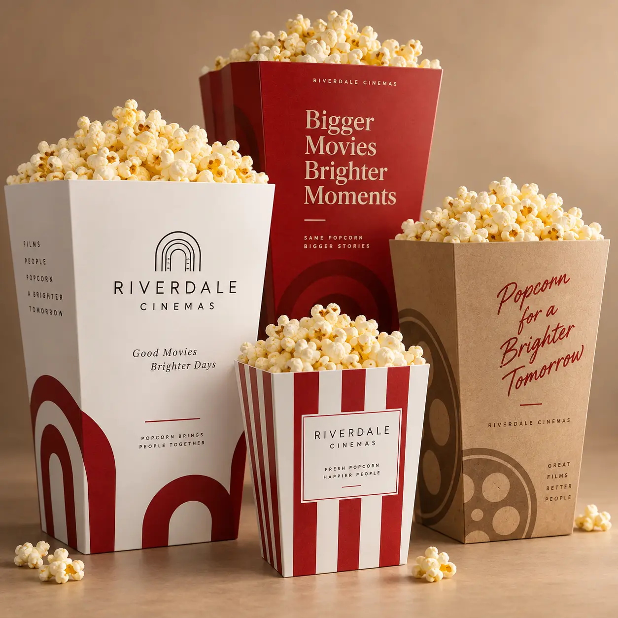 Riverdale Cinemas branded popcorn packaging designs in red, white, and kraft brown, filled with fresh popcorn, cinema branding mockup