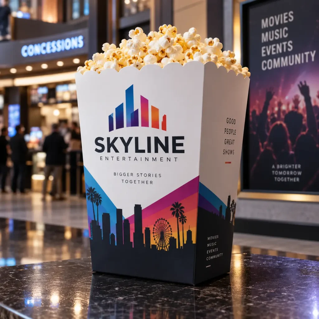 Skyline Entertainment branded popcorn box with colorful city skyline design at cinema concessions, custom packaging by The Packaging Masters
