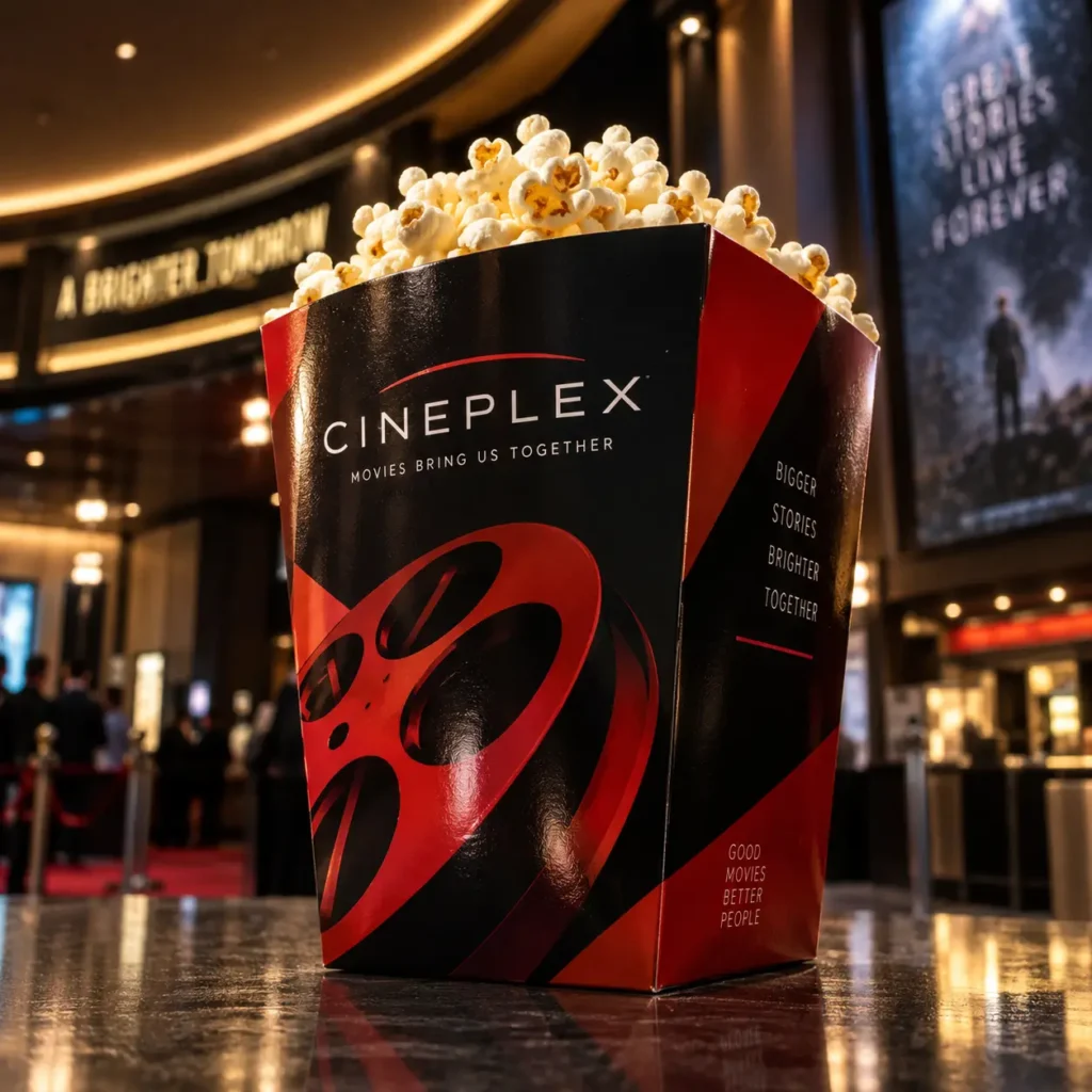 Cineplex branded red black popcorn box with film reel design overflowing with fresh popcorn in cinema lobby