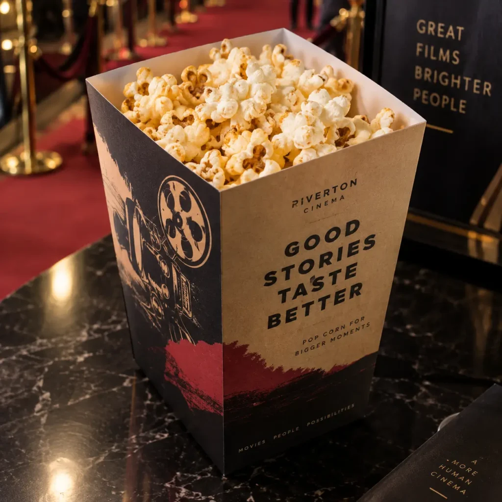 Riverton Cinema branded kraft popcorn box with bold black typography on marble surface, red carpet cinema lobby background