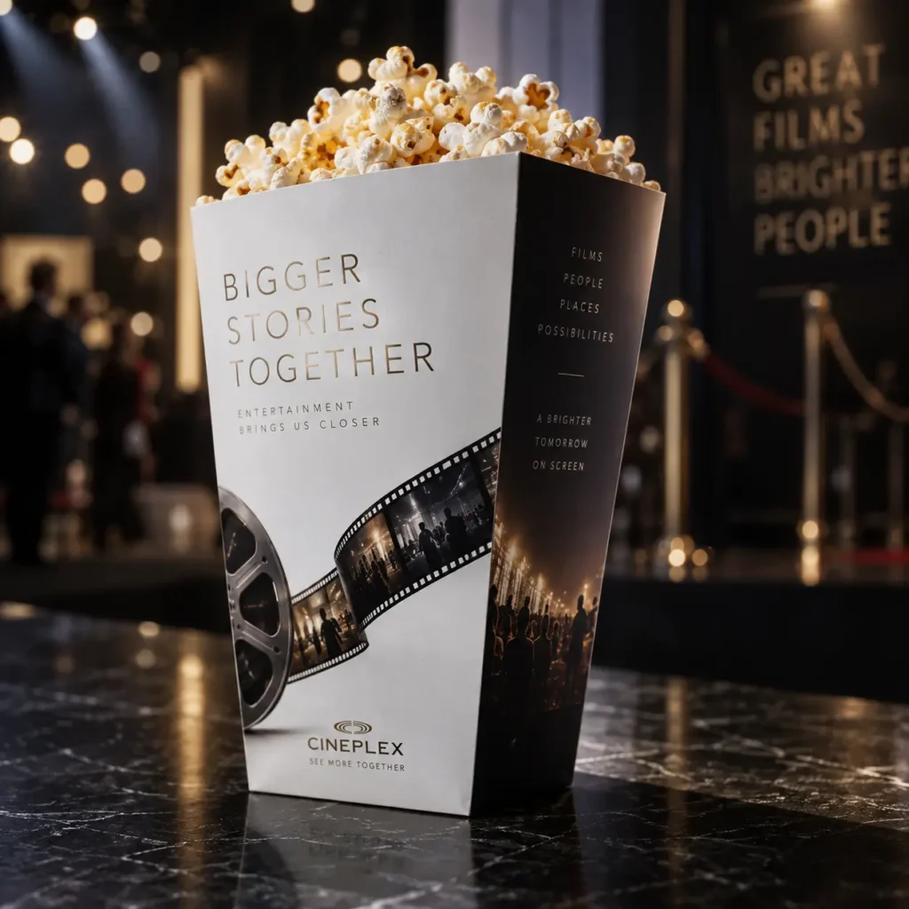 Cineplex branded white popcorn box with film reel design and "Bigger Stories Together" tagline in elegant cinema lobby