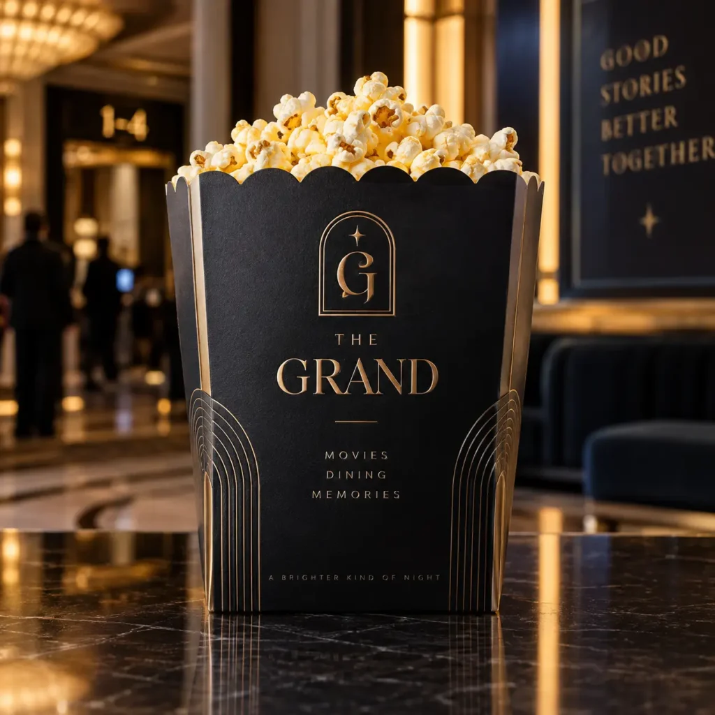 Luxury black gold popcorn box packaging design for The Grand cinema, art deco style, marble surface, elegant branding