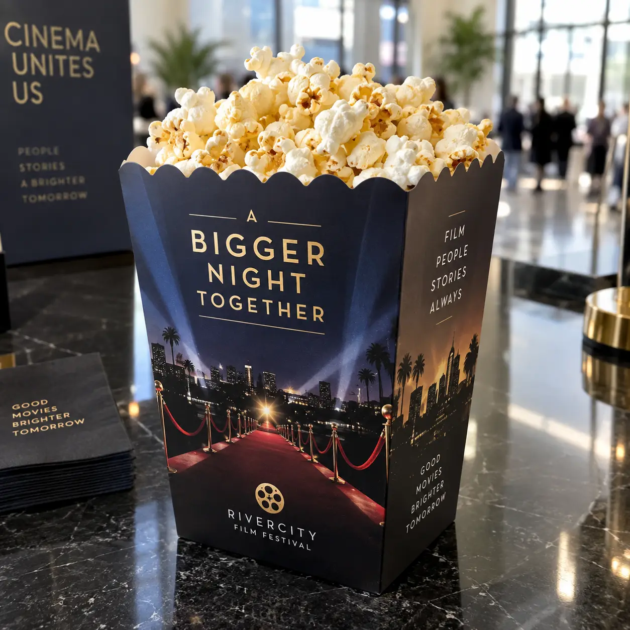 Navy gold popcorn box printed with A Bigger Night Together for Rivercity Film Festival, filled with popcorn, marble surface