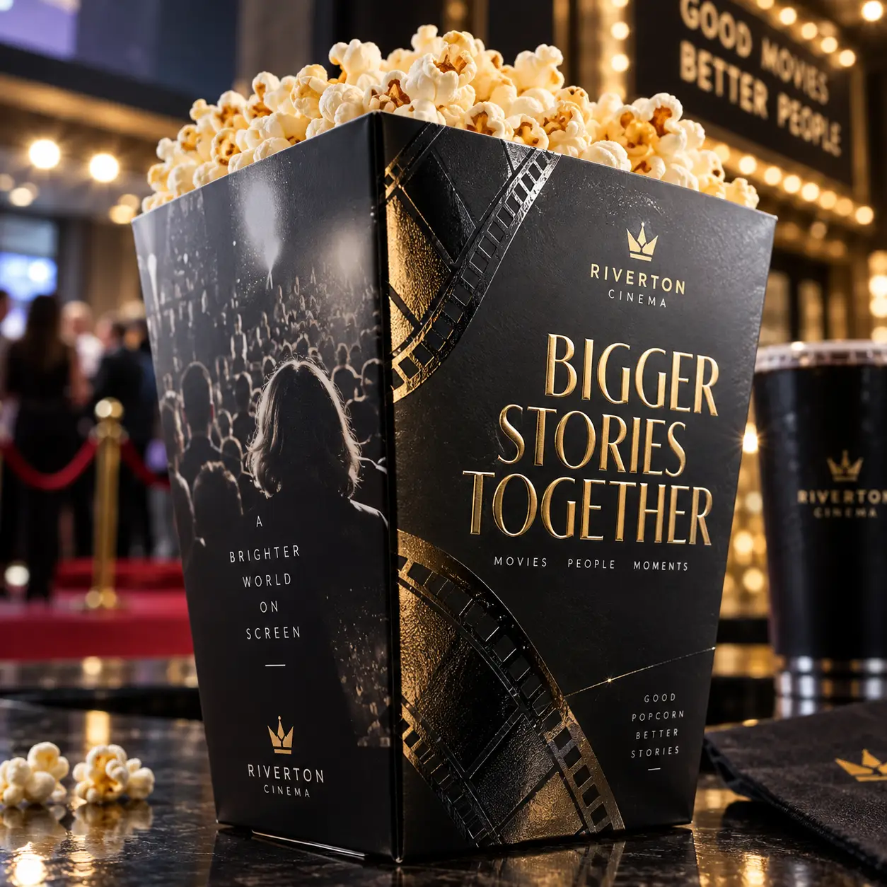 Riverton Cinema luxury black gold popcorn box packaging design with film reel print and Bigger Stories Together tagline