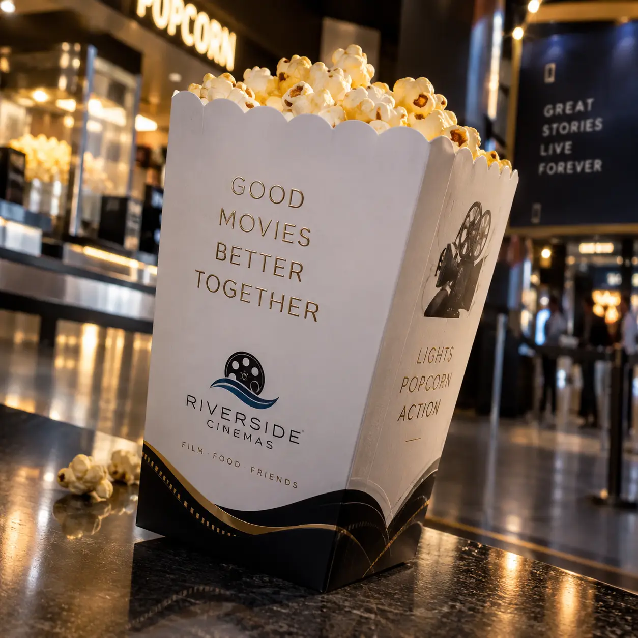 White cinema popcorn box with gold text for Riverside Cinemas, filled with popcorn, displayed in a luxury movie theater lobby