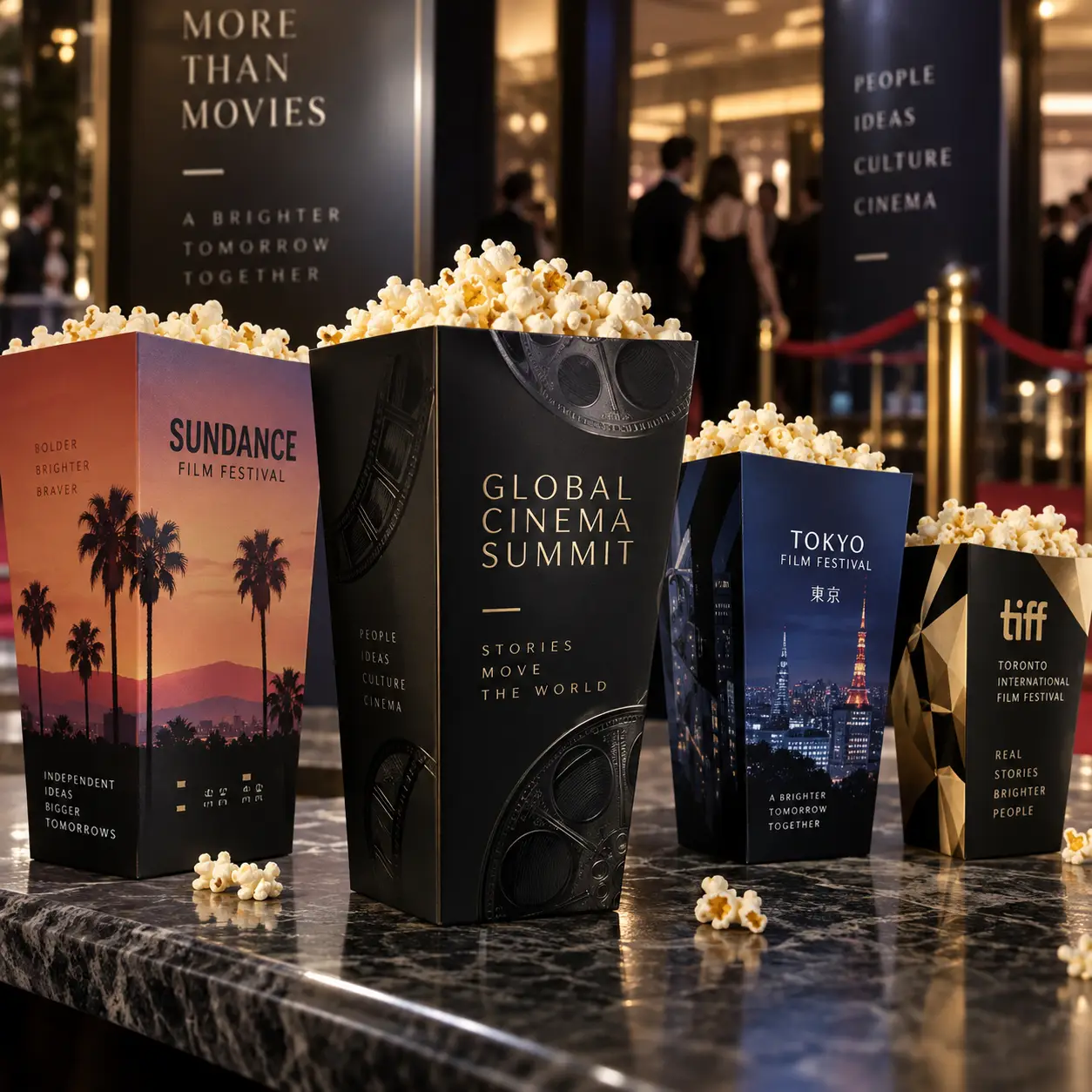 Four luxury film festival popcorn boxes—Sundance, Global Cinema Summit, Tokyo, TIFF—displayed on black marble counter with gold accents