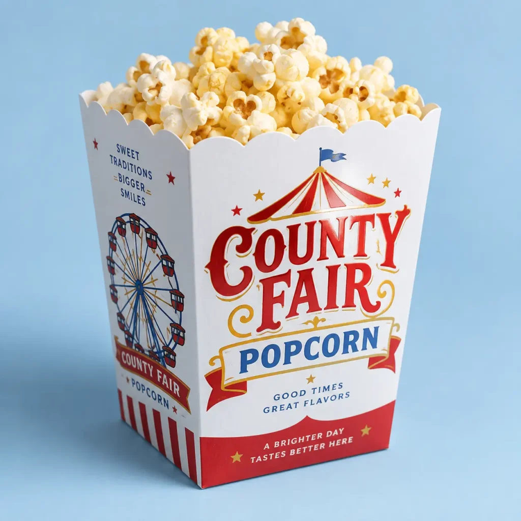 Red and white County Fair Popcorn box overflowing with fresh popcorn, carnival tent design, custom food packaging by The Packaging Masters