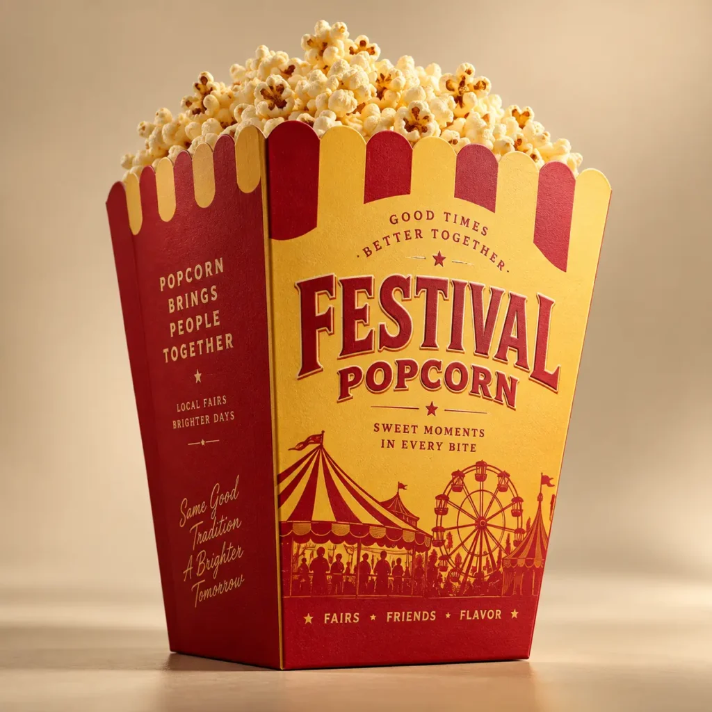 Red and yellow Festival Popcorn box overflowing with fresh popcorn, vintage carnival packaging design with Ferris wheel illustration