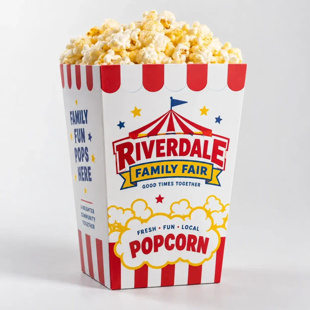 Riverdale Family Fair custom popcorn box packaging, red white stripes, circus tent logo, filled with fresh popcorn, bold festive design