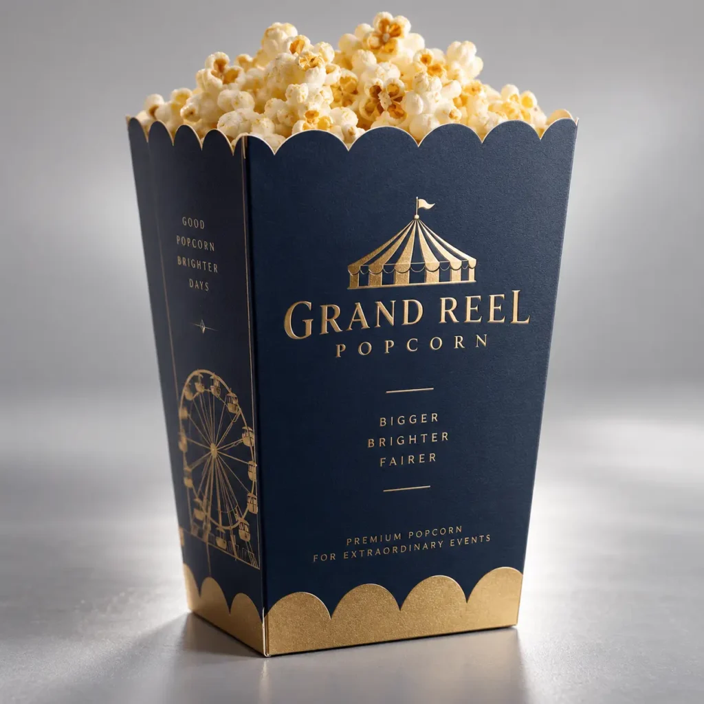 Navy gold luxury popcorn box packaging design with circus tent logo, Grand Reel Popcorn, filled with fresh popcorn, premium event branding