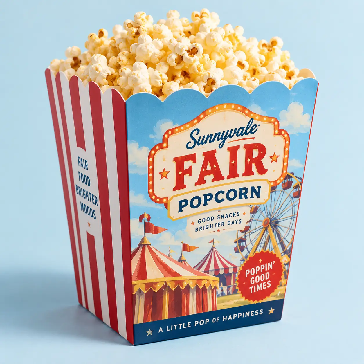 Sunnyvale Fair Popcorn box packaging design with red white stripes, carnival scene, Ferris wheel, circus tents, overflowing popcorn