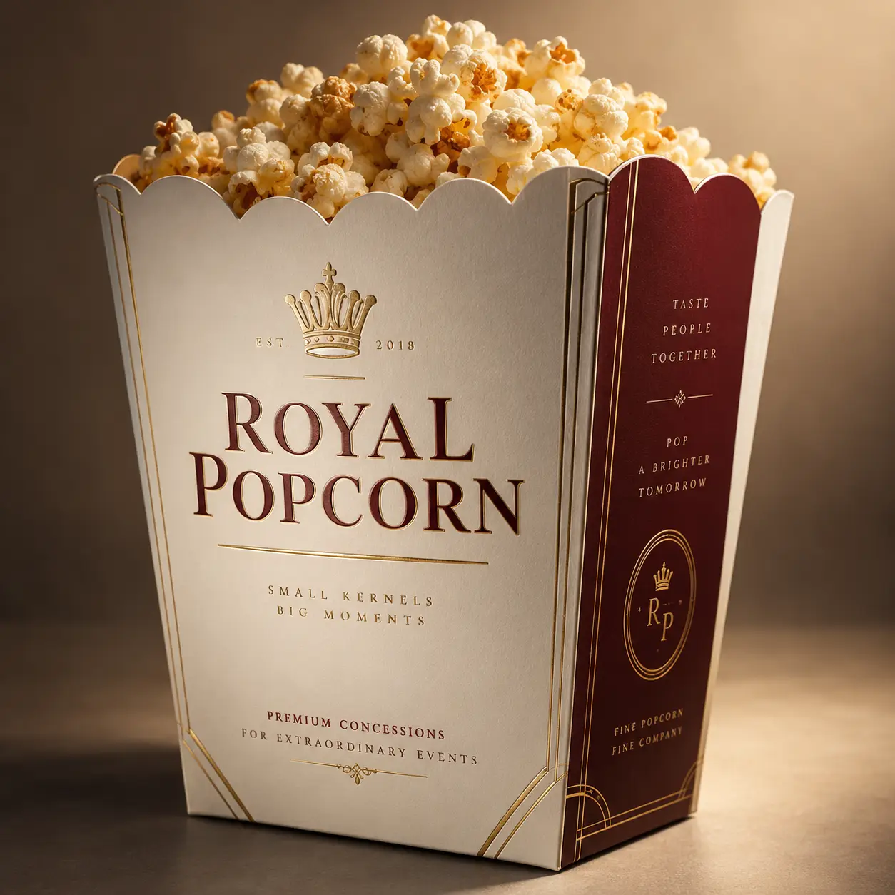 Elegant Royal Popcorn luxury packaging box in cream and burgundy gold accents filled with fresh popcorn premium concessions design