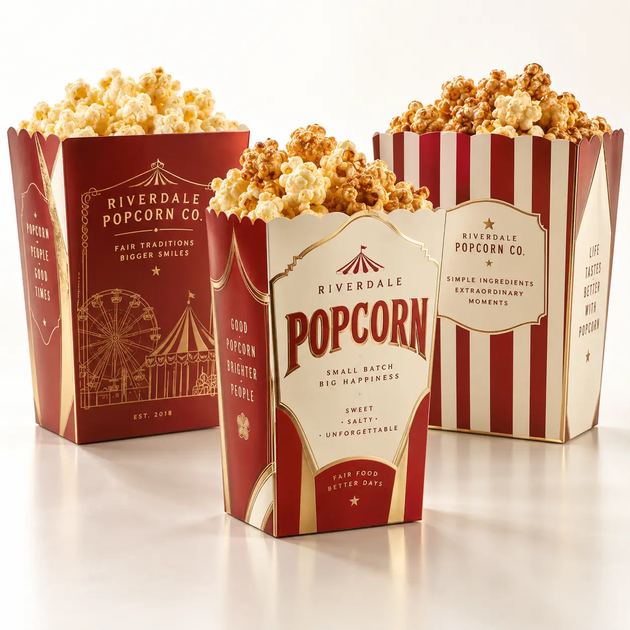 Three vintage red gold Riverdale Popcorn Co carnival-themed boxes filled with sweet salty popcorn on white background