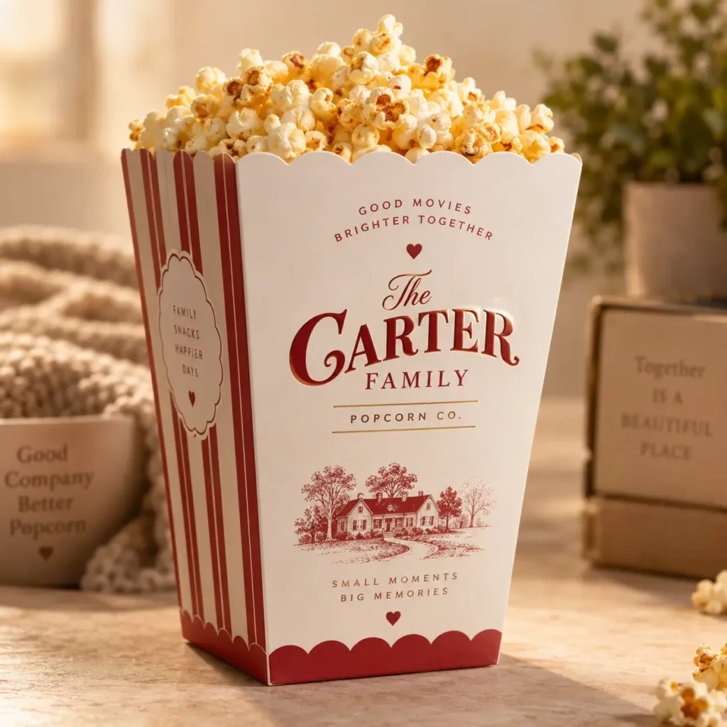 Red and white vintage popcorn box printed with The Carter Family Popcorn Co. branding, filled with fresh popcorn, warm cozy setting