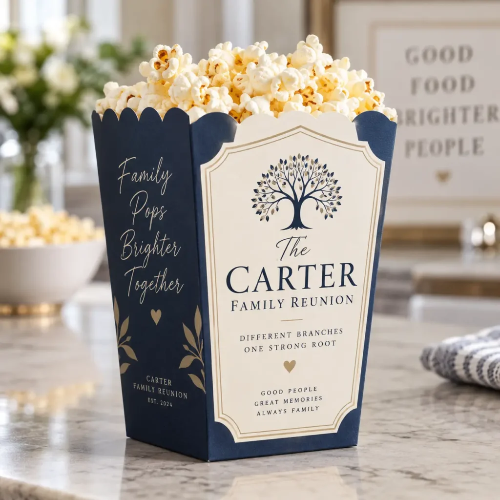 Navy blue custom family reunion popcorn box for Carter family, gold tree design, filled with popcorn, elegant personalized party favor