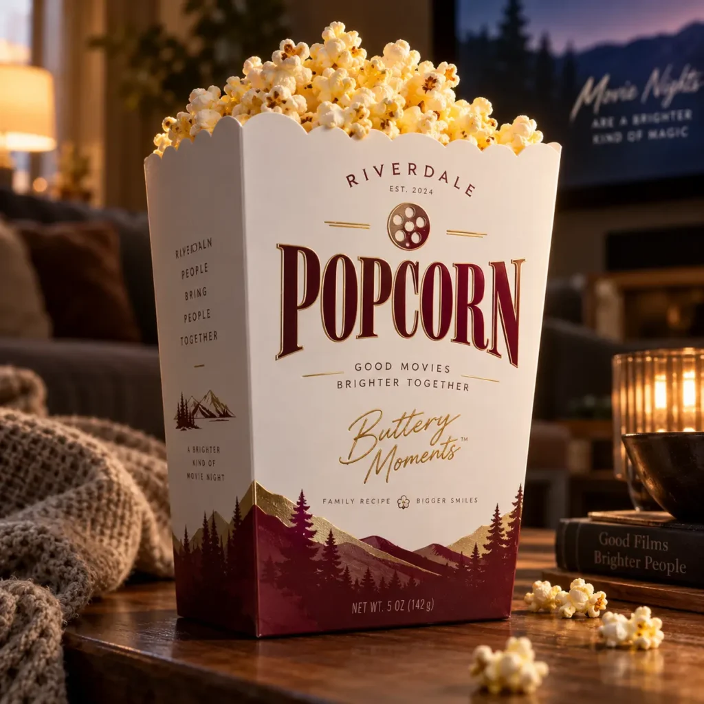 Riverdale Popcorn buttery moments box, burgundy white gold design, overflowing popcorn, cozy movie night living room setting