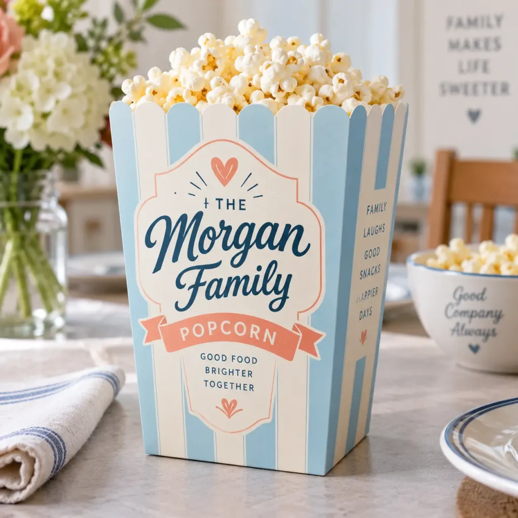 Personalized Morgan Family Popcorn box in light blue stripes, filled with popcorn, custom packaging gift idea for families