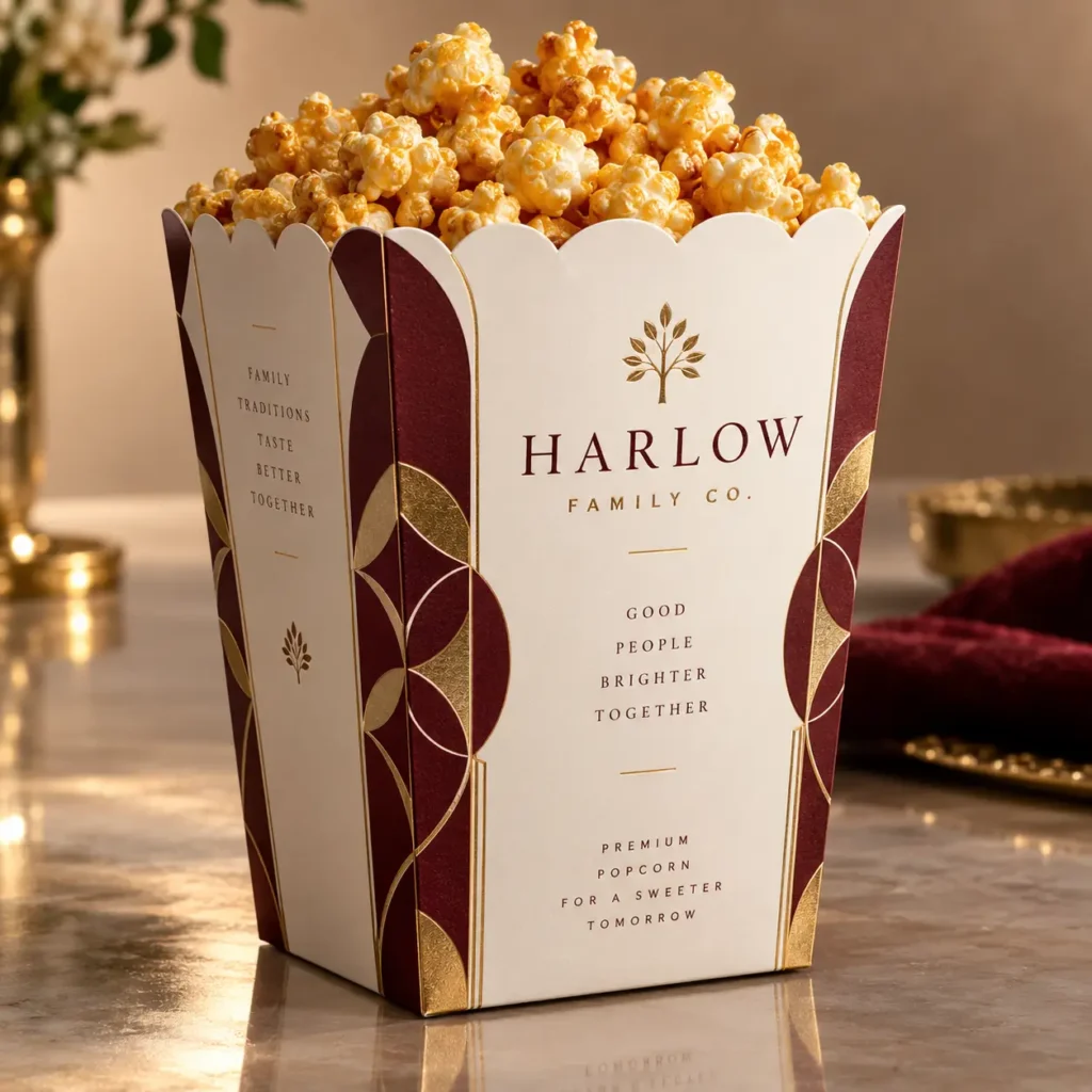 Harlow Family Co premium popcorn box packaging in burgundy gold white with scalloped top filled with caramel popcorn