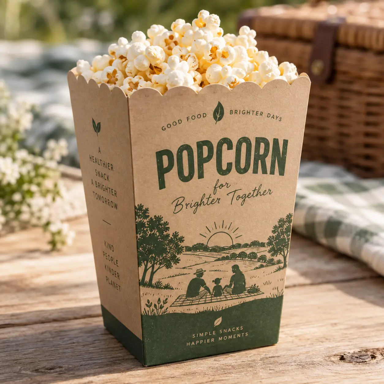 Kraft popcorn box with green vintage picnic illustration, filled with popcorn, eco-friendly snack packaging design on wood table