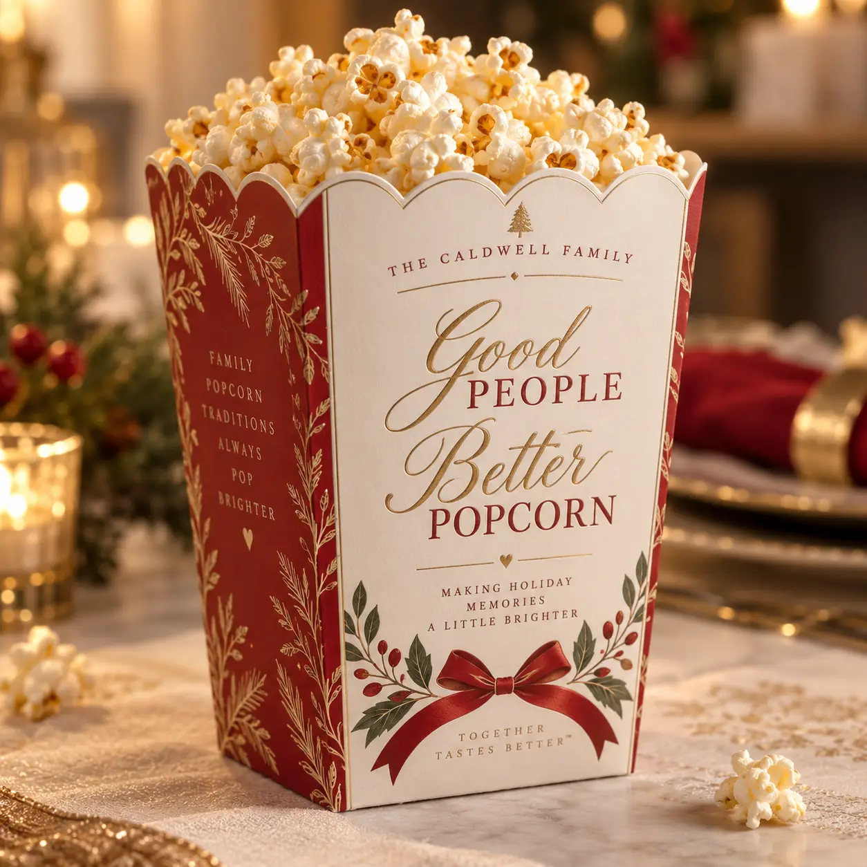 Festive red and gold custom holiday popcorn box for the Caldwell Family overflowing with fresh popcorn on elegant Christmas tablescape