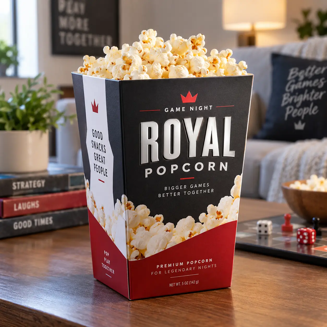 Royal Popcorn Game Night box, black red white premium packaging, overflowing popcorn, cozy living room board game setting