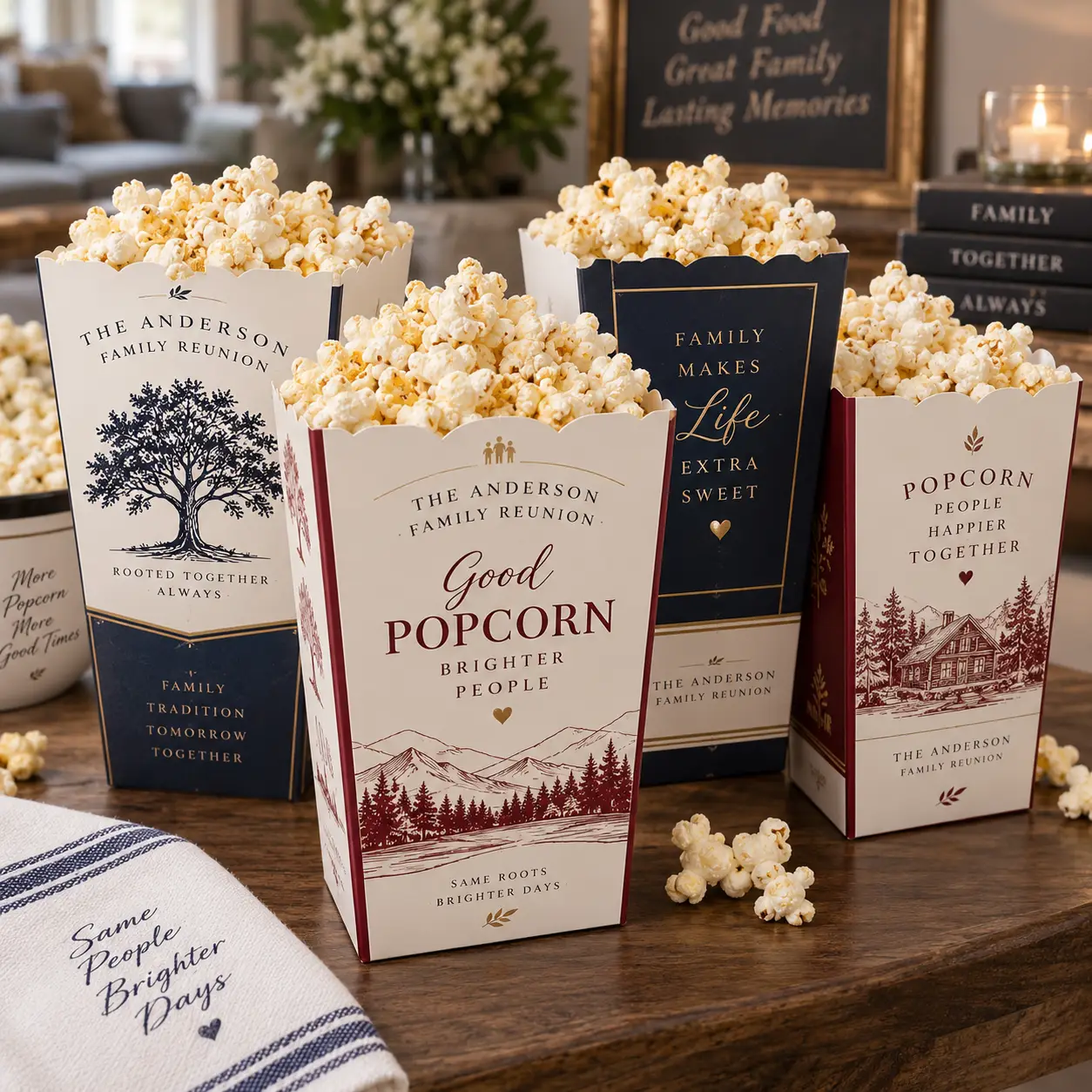 Custom Anderson Family Reunion popcorn boxes in navy, cream, and burgundy filled with popcorn on rustic wood table