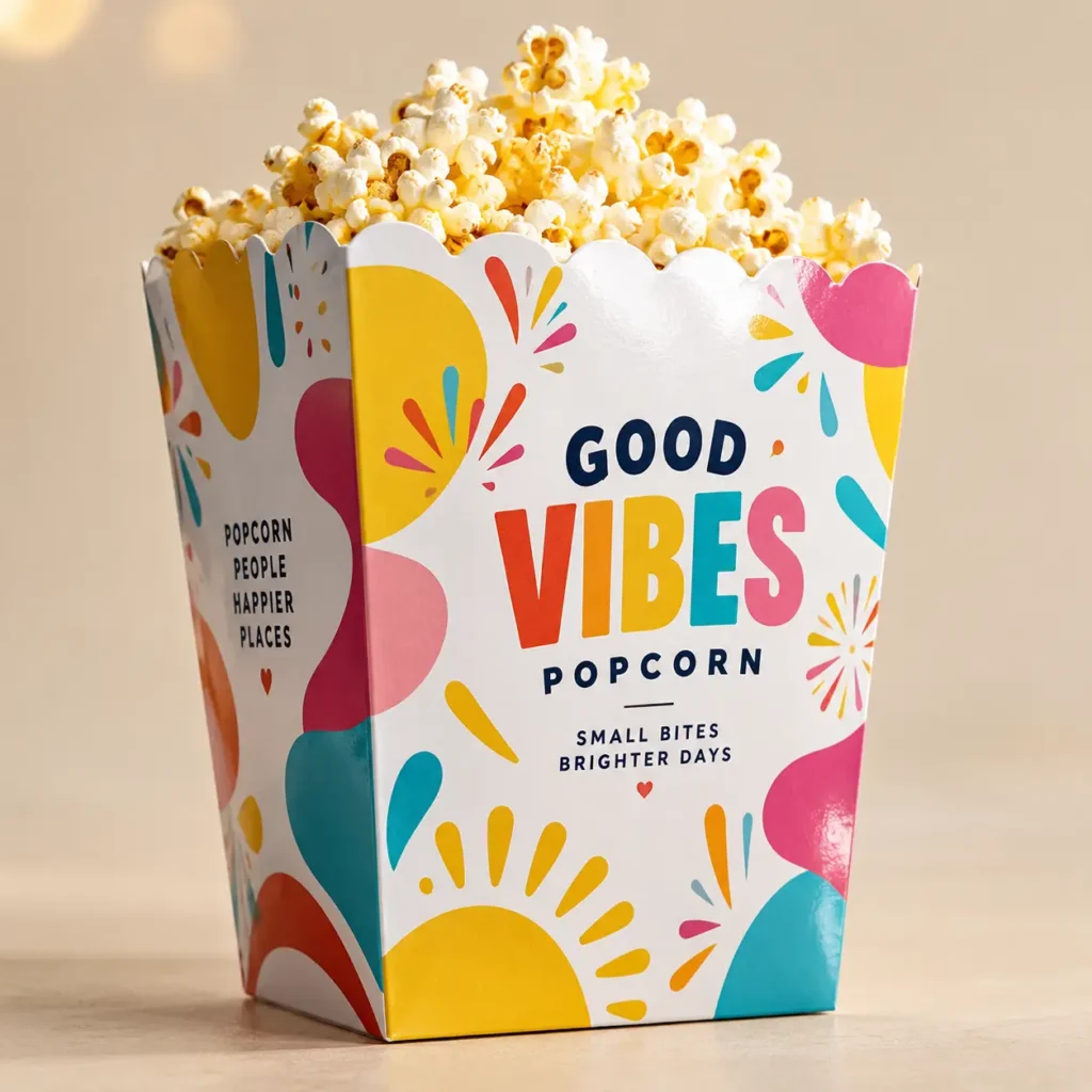 Colorful Good Vibes Popcorn box overflowing with fresh popcorn, vibrant pink teal yellow custom food packaging design