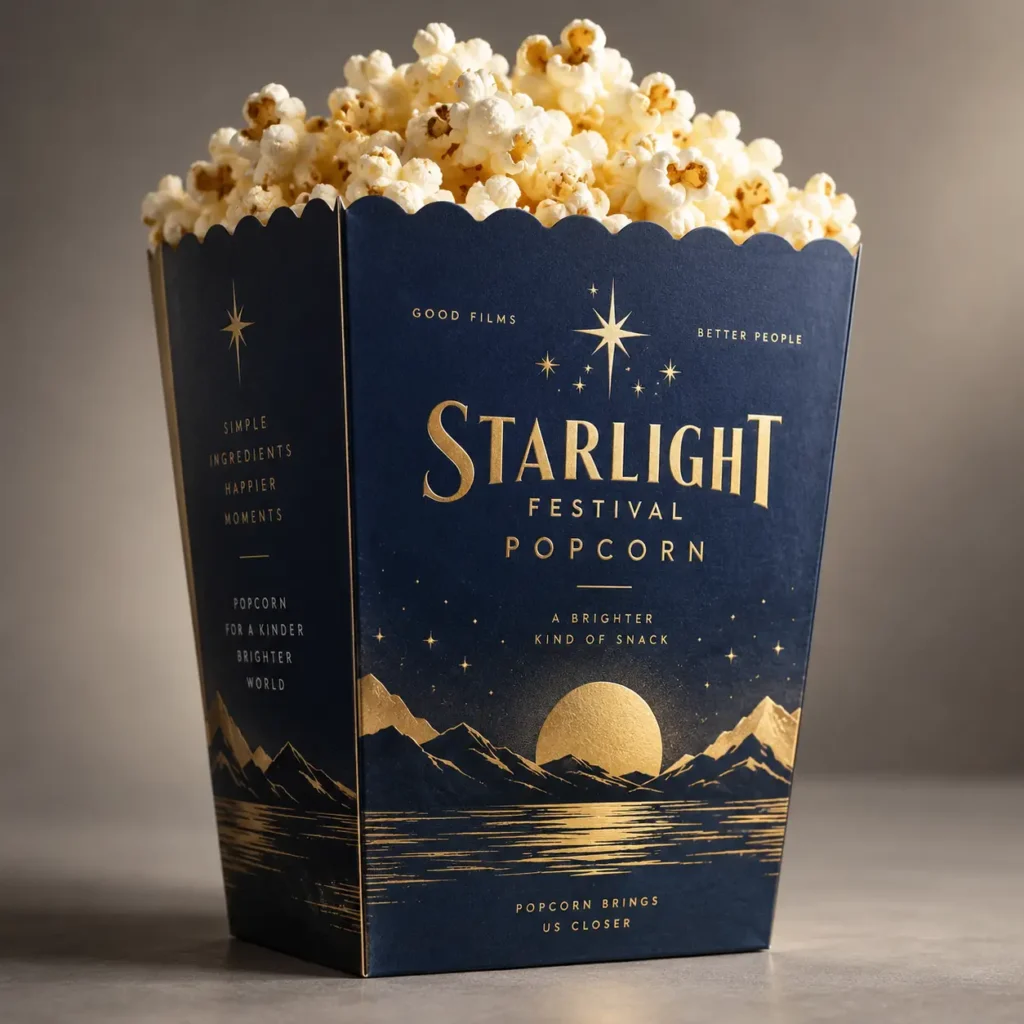 Navy blue gold foil Starlight Festival Popcorn box packaging design with mountain landscape and star motifs, filled with popcorn