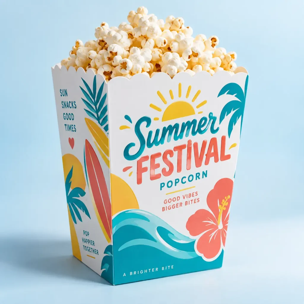 Summer Festival Popcorn box packaging with teal waves, hibiscus, palm trees, surfboards, and bold retro typography on light blue background