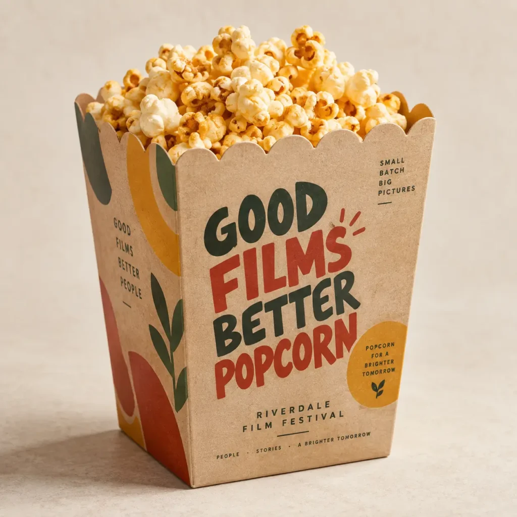 Kraft popcorn box packaging for Riverdale Film Festival with bold green and red Good Films Better Popcorn typography, filled with caramel popcorn