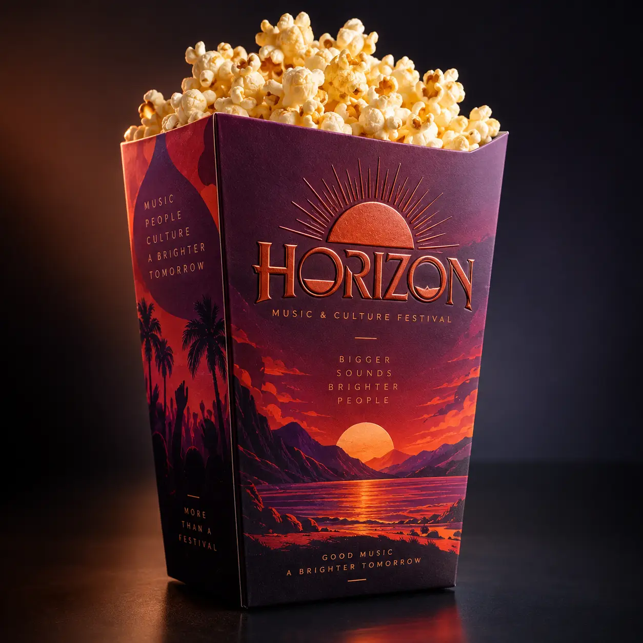 Horizon Music Festival branded popcorn box packaging in deep purple and red sunset design with golden foil typography