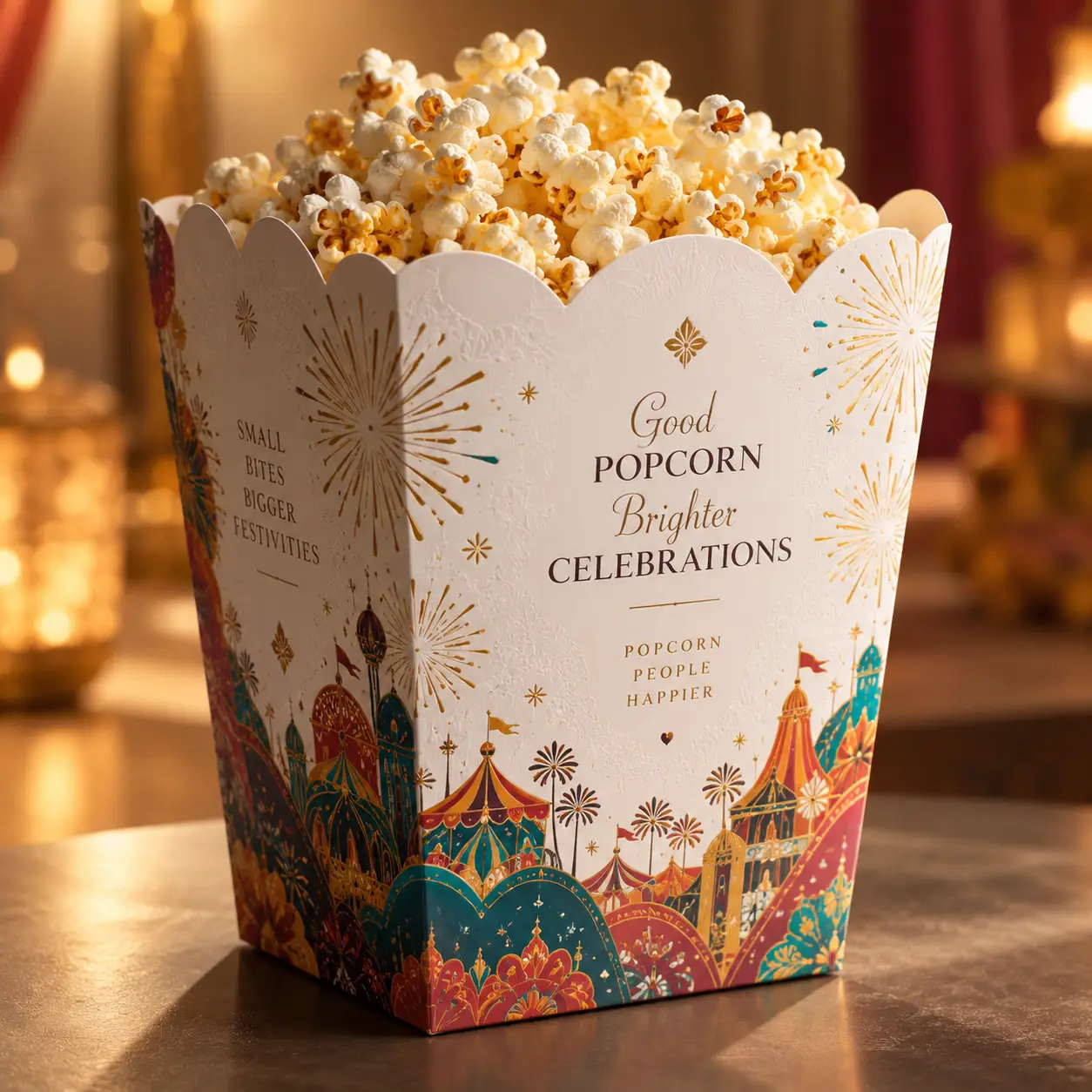 Festive popcorn box packaging with colorful carnival design, gold fireworks, and elegant typography on white custom food packaging