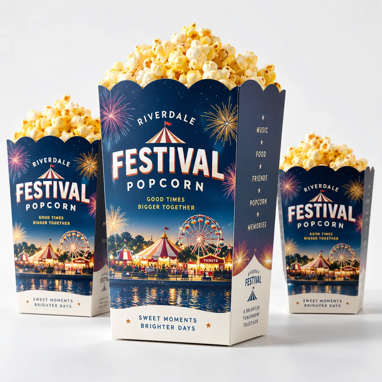 Three navy blue Riverdale Festival Popcorn boxes filled with golden popcorn, featuring carnival artwork with fireworks, ferris wheel, and circus tents