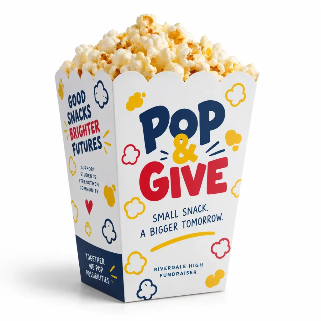 Colorful custom popcorn box packaging for Riverdale High fundraiser with bold navy, red, yellow Pop & Give branding design