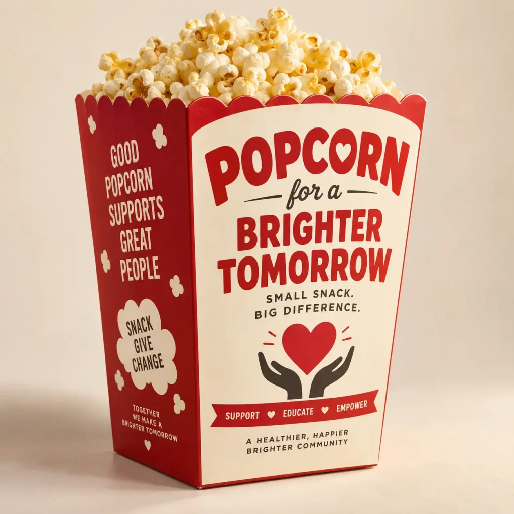 Red and white charity popcorn box packaging design with heart logo reading Popcorn for a Brighter Tomorrow filled with fresh popcorn