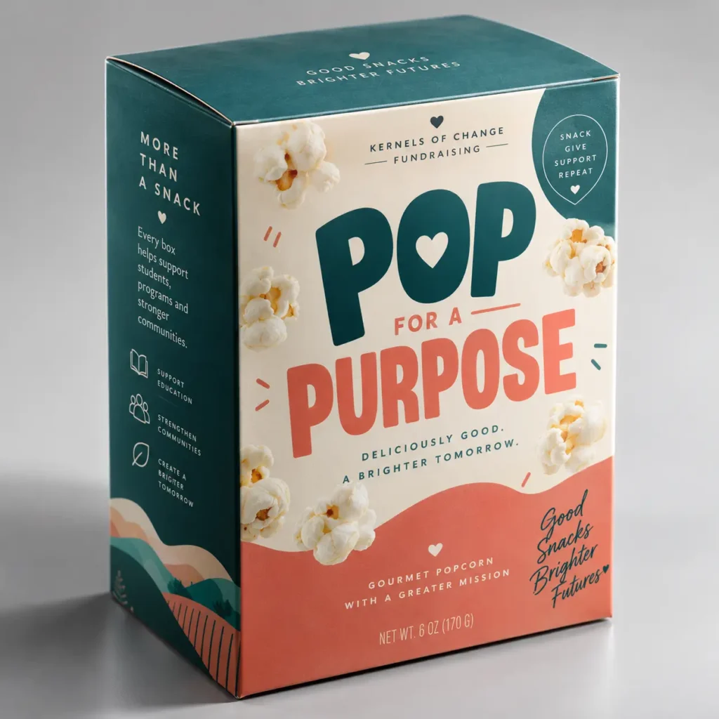 Kernels of Change Pop for a Purpose gourmet popcorn fundraising box, teal and coral packaging with heart logo, 6oz