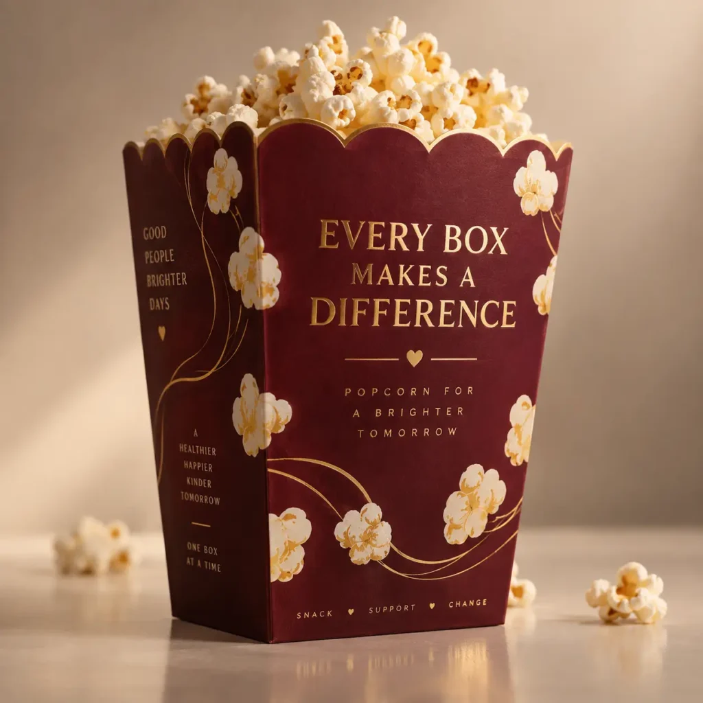 Elegant burgundy gold popcorn box packaging design with motivational branding, premium custom printed food packaging by The Packaging Masters