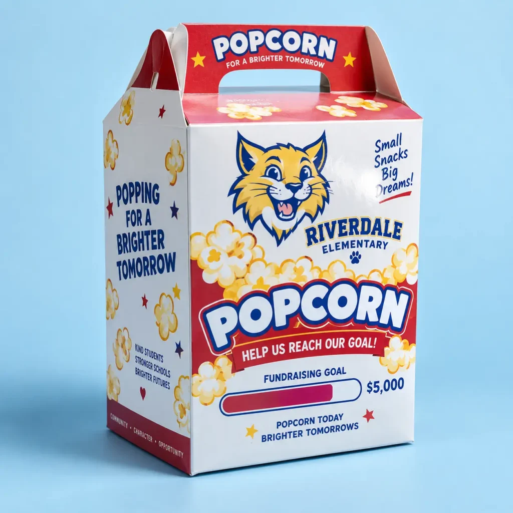 Riverdale Elementary school fundraiser popcorn box packaging, red white blue wildcat mascot, $5000 goal progress bar design