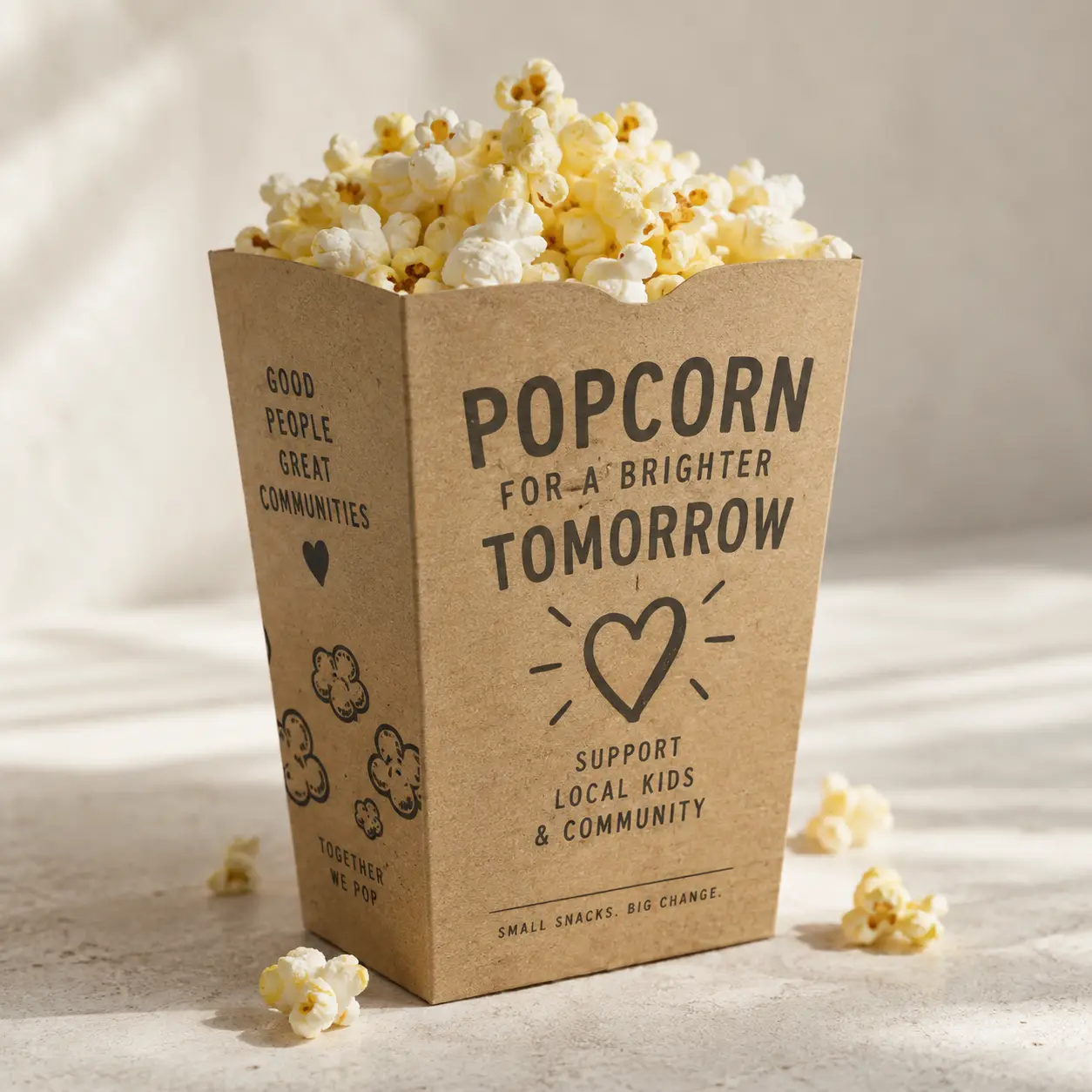Kraft popcorn box printed with community fundraiser branding, overflowing with fresh popcorn, soft natural lighting, custom food packaging design