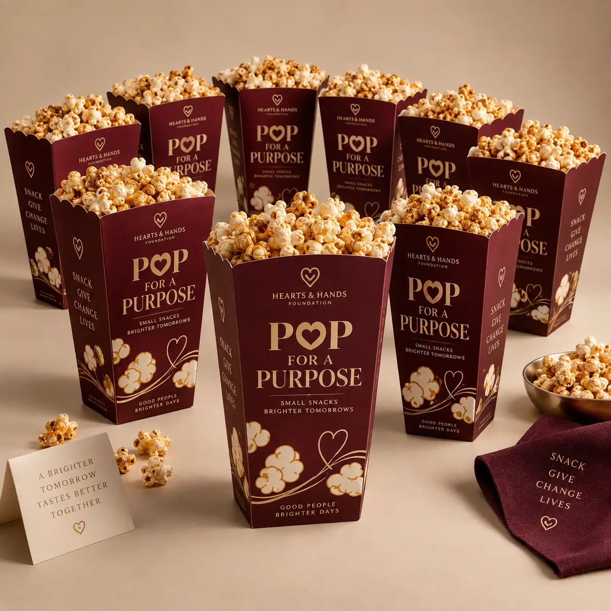 Burgundy gold Hearts & Hands Foundation Pop For A Purpose charity popcorn boxes arranged in elegant product packaging display
