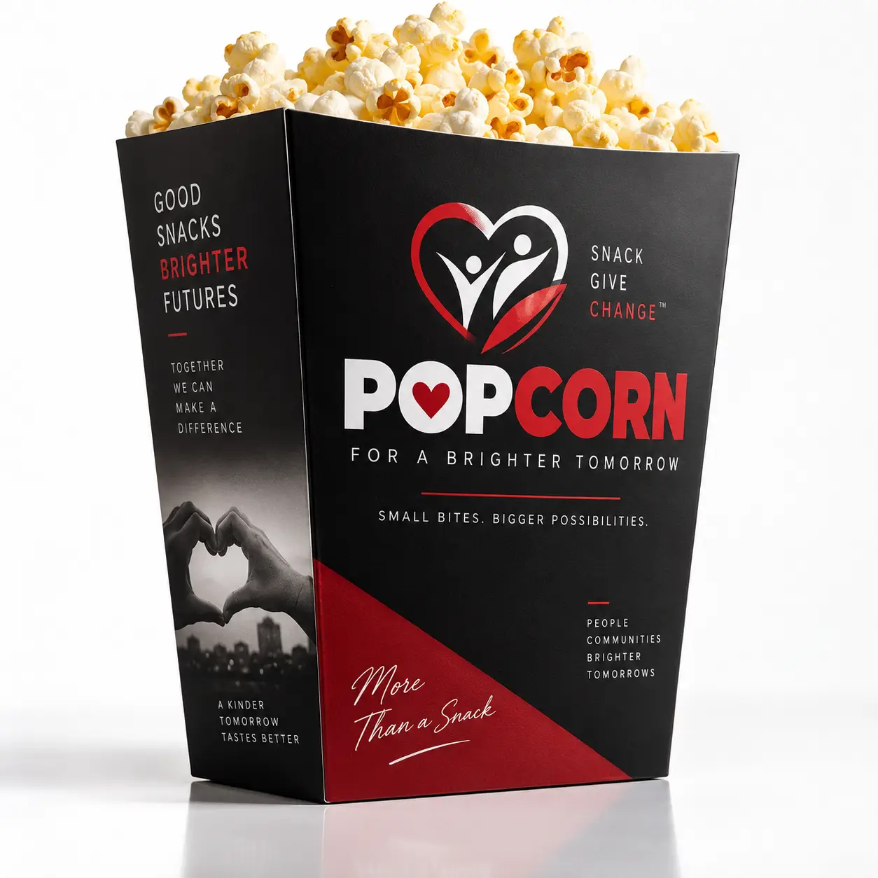 Black charitable popcorn box with red heart logo, "Popcorn For A Brighter Tomorrow" branding, filled with fresh popcorn, custom packaging design