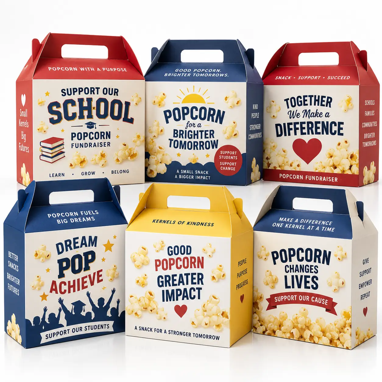 Six red, navy, yellow custom popcorn fundraiser boxes with motivational school slogans, ideal for charity event packaging