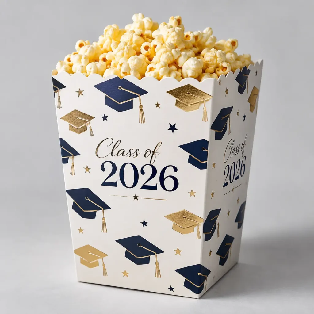 White graduation popcorn box printed with Class of 2026, navy blue and gold mortarboard caps, stars, filled with popcorn